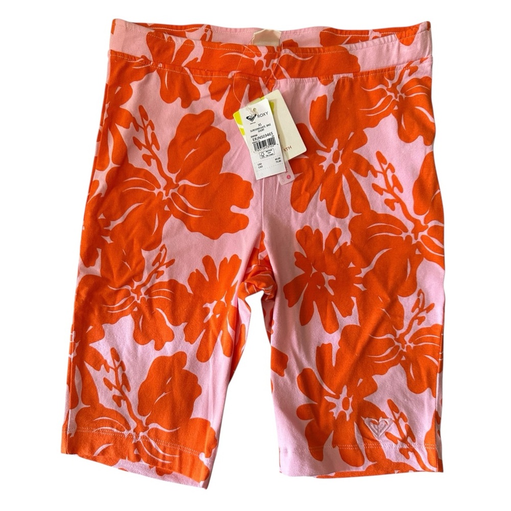 Roxy Bold Floral Pink and Orange Hibiscus Print Neon Tropical XS NWT Biker Short